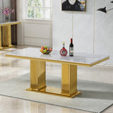 Maotifeys White Marble Dining Table for 6 Modern Luxury Faux Marble Kitchen Table for 4-6,68" Large Dining Room Tables with Columnar-Shape Gold Stainless Steel Base