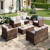 MIXPATIO Patio Furniture Set, 6 Pcs Wicker Outdoor Conversation Set, 2 x Leg Chairs, 1 x 3 Seater Sofa, 1 x 2-Seat Lover Sofa and 2 x Ottomans with 4" Thick Cushion for Garden Backyard Deck, Beige