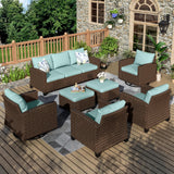 MIXPATIO Patio Furniture Set, 7 Pcs Wicker Rattan Outdoor Conversation Set, 2 x Leg Chairs, 2 x Swivel Chairs, 1 x 3 Seater Sofa and 2 x Ottoman with 4" Thick Cushion for Garden Backyard Deck, Blue