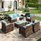 MIXPATIO Patio Furniture Set, 7 Pcs Wicker Rattan Outdoor Conversation Set, 4 x Leg Chairs, 1 x 3 Seater Sofa and 2 x Ottoman with 4" Thick Cushion for Garden Backyard Deck, Blue