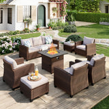 MIXPATIO Patio Furniture Set, 8 Pcs Wicker Rattan Outdoor Conversation Set, 4 x Leg Chairs, 1 x 3 Seater Sofa and 2 x Ottomans with 4" Thick Cushion and 32" Fire Pit Table, Beige