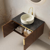 KEIKI 30 Inch Floating Bathroom Vanity with Sink, Modern Wall Mounted Storage Cabinet with 2 Soft Close Doors, Sintered Stone Top & Ceramic Basin Combo Set, Brown Oak & Stone White