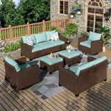 MIXPATIO Patio Furniture Set, 6 Pcs Wicker Outdoor Conversation Set, 2 x Swivel Chairs, 1 x 3 Seater Sofa, 1 x 2-Seat Lover Sofa and 2 x Ottomans with 4" Thick Cushion for Garden Backyard Deck, Blue