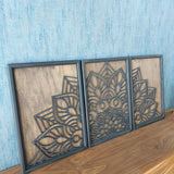 Set of 3 Mandala Wood Wall Art, Black Framed Boho Laser Cut Panels | Large Zen Triptych Decor for Living Room, Yoga Studio & Home, Spiritual Gift 27,5" x 39,3"
