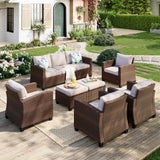 MIXPATIO Patio Furniture Set, 7 Pcs Wicker Rattan Rattan Outdoor Conversation Set, 4 x Single Chairs, 1 x 3 Seater Sofa and 2 x Ottoman with 4" Thick Cushion for Garden Backyard Deck, Beige