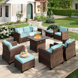 MIXPATIO Patio Furniture Set, 8 Pcs Wicker Rattan Outdoor Conversation Set, 4 x Leg Chairs, 1 x 3 Seater Sofa and 2 x Ottoman with 4" Thick Cushion and 32" Fire Pit Table, Blue