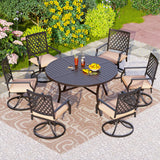 PHI VILLA 7 Pcs Outdoor Dining Set, 54" Round Table w/Umbrella Hole