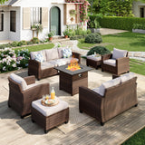 MIXPATIO Patio Furniture Set, 7 Pcs Wicker Outdoor Conversation Set, 2 x Leg Chairs, 1 x 3 Seater Sofa, 1 x 2-Seat Lover Sofa and 2 x Ottomans with 4" Thick Cushion and 32" Fire Pit Table, Beige