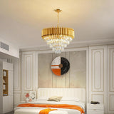 Modern Gold Crystal Chandelier, 5-Tier Raindrop Effect K9 Crystal Chandelier
