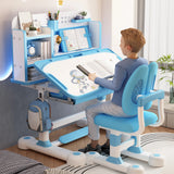 2Pcs Kids Study Desk Chair Set, Height Adjustable School Table Chair Set with Sitting Corrector, Ergonomic