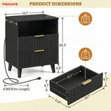 Black Set of 2, 20 Inch Modern Wood Nightstand with Charging Station