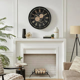 24 Inch Wall Clock with Moving Gears, Black Gold Roman Numeral Wall Clocks