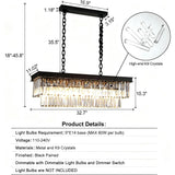 Modern 31-Inch Dining Room Crystal Pendant Light, Black Rectangular Adjustable Chain Light - For Living Room/Kitchen Island