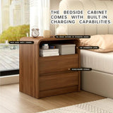 Walnut Nightstand Set of 2 with Charging Station, Drawers For Bedroom 21 In