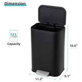 Bathroom Trash Can, 3.2 Gallon Stainless Steel Garbage Can with Lid, Rectangular Small