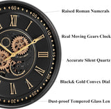 24 Inch Wall Clock with Moving Gears, Black Gold Roman Numeral Wall Clocks