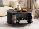 Round 31.5" Modern Coffee Table w/ 360° Curved Sliding Door,Fluted Wood