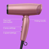 Travel hair dryer with diffuser and folding handle, 1875W, dusty rose, nano-quartz ceramic for less