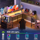 66 L Shaped Computer Desk with Power Outlet LED Lights Reversible Corner Home Office Desk