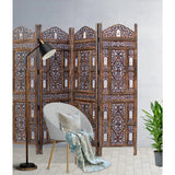 Antique Brown 4-Panel Folding Wood Screen with Ghanti Bells