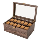 Double-Layer Wood Grain 24-Watch Box Mens Jewelry Holder W/ Drawer