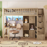 Twin Loft Bed Solid Wood L-Shaped Desk Storage Stairs LED Lights Shelves