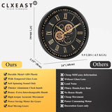 24 Inch Wall Clock with Moving Gears, Black Gold Roman Numeral Wall Clocks