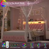 Full Size LED Canopy Bed Frame with Storage & Charging Station