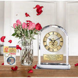 Diamond Cut Arch Clear Crystal Engraved Gold Gear Luxury Desk Clock