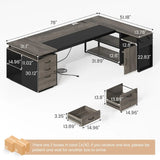 78" Executive Desk with Lockable File Cabinet, L Shaped Office Desk with Power Outlets