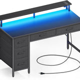 Computer Desk with Power Outlets & LED Light, 47 inch Home Office Desk with 5 Drawers,