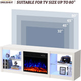 70-inch Electric Fireplace TV Stand for 80'' TV in Living Room, White Color, with Adjustable Glass Shelves and Remote Control