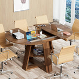 43-59in Extendable Round Conference Table for 4-8, Oval Wooden Meeting Table with Storage Shelf