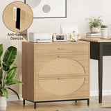 3-Drawer Rattan File Cabinet, A4 Size Hanging Files, Large Wooden Printer Stand for Home Office