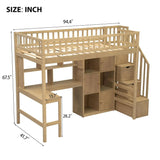 Twin Loft Bed Solid Wood L-Shaped Desk Storage Stairs LED Lights Shelves