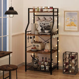 4-Tier Kitchen Bakers Rack & Microwave Oven Stand with Large Wire Basket, Industrial Coffee Bar Station with Hooks, Kitchen Utility Storage