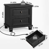 Rustic Pair of Nightstands w/ Drawers and Charging Station for Small Bedroom, Black