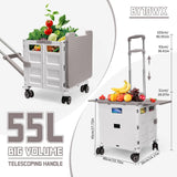 55L Foldable Utility Cart Folding Shopping Cart with Magnetic Lid Telescopic Handle Wear-Resistant 360°Wheel