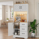 Adjustable Shelf Tall Kitchen Pantry Cabinet with 3 Drawers, LED Light & Charging Station