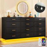 12 Drawer Dresser for Bedroom, 63'with Power Outlets & LED Lights