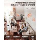 Cool Mist Humidifiers for Bedroom, Ultrasonic 2.4Gal 9L Quiet Top-Fill, Easy Clean with Essential Oil Tray, 360°Nozzle, 4 Speed