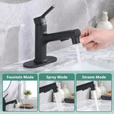 Bathroom sink faucet with pull-out sprayer matte black finish modern single-handle design with pop-up drain stopper