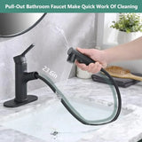 Bathroom sink faucet with pull-out sprayer matte black finish modern single-handle design with pop-up drain stopper