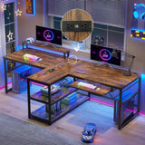 94.5" Home Office Desks, Computer Gaming Desk with Storage, LED Lights