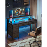 Computer Desk with Power Outlets & LED Light, 47 inch Home Office Desk with 5 Drawers,