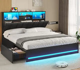 Wooden Bed Frame with Charging Station, Storage Drawers and LED Lights