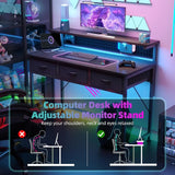 Computer Desk with Drawers 40 Inch Computer Desk with Power Outlet LED Light Gaming Desk