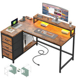 EnHomee L Shaped Computer Desk with LED Lights & Power Outlet Reversible Corner Desk with 3 Drawers & Monitor Stand Gaming Desk