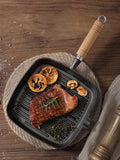 Cast Iron Skillet Steak Pan with Wooden Handle Uncoated Non-stick Frying Pan