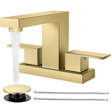 Bathroom Faucets for Sink 3 Hole Brushed Bathroom Sink Faucet Square with Pop-Up Drain 2 Handle and 2 Supply Hoses Lead-Free St
